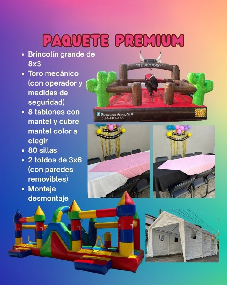 Premium party rental package poster showing mechanical bull, bounce house, tables, chairs, and tents with bilingual Spanish-English text on gradient background