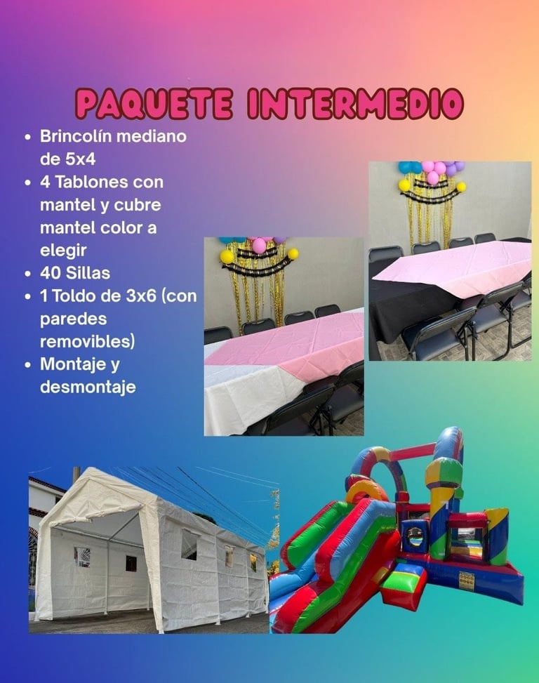 Spanish party package flyer showing event rentals: decorative piñatas, pink table covers, white canopy tent, and colorful bounce house with slide
