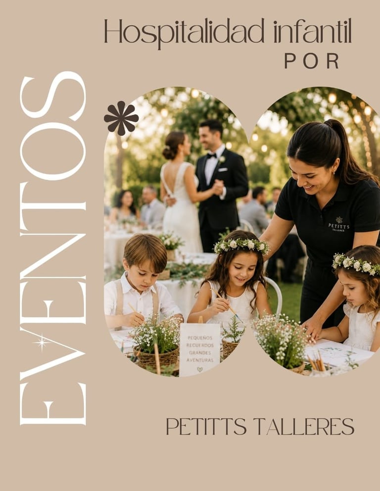 Spanish poster for childrens hospitality events featuring a woman instructing young girls in formal attire with flower crowns at an outdoor wedding