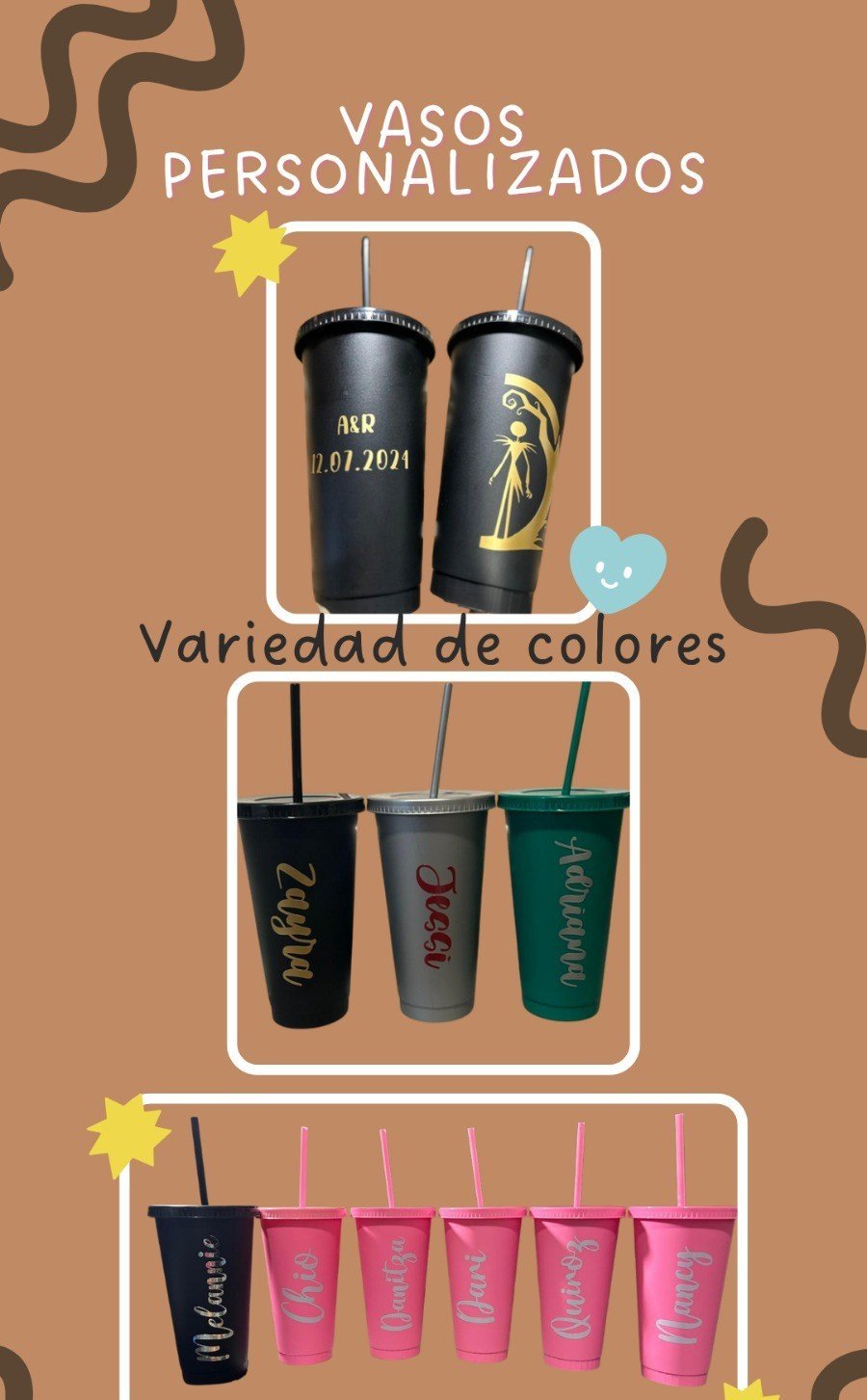 Promotional image showing personalized cups in various colors with custom names and dates, displayed in three rows with decorative elements