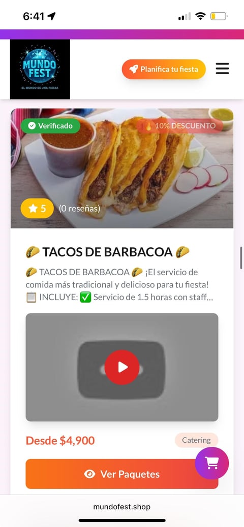 TACOS DE BARBACOA catering service listing with 5-star rating, showing grilled tacos on a white plate with sauce, priced from $4,900