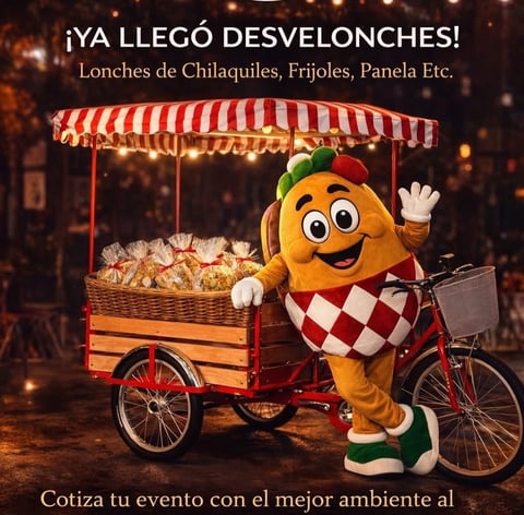 Animated orange character waving next to a red and white striped food cart on a tricycle loaded with snacks