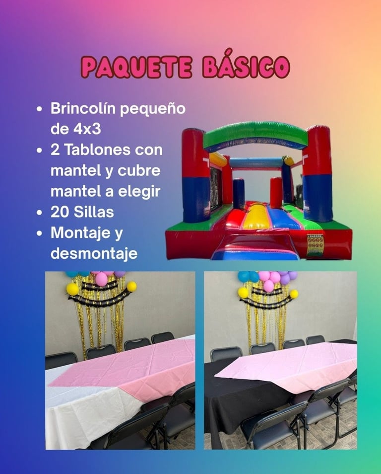 Paquete Basico party rental package showing inflatable bounce house, 20 chairs, and colorful tablecloths with decorations